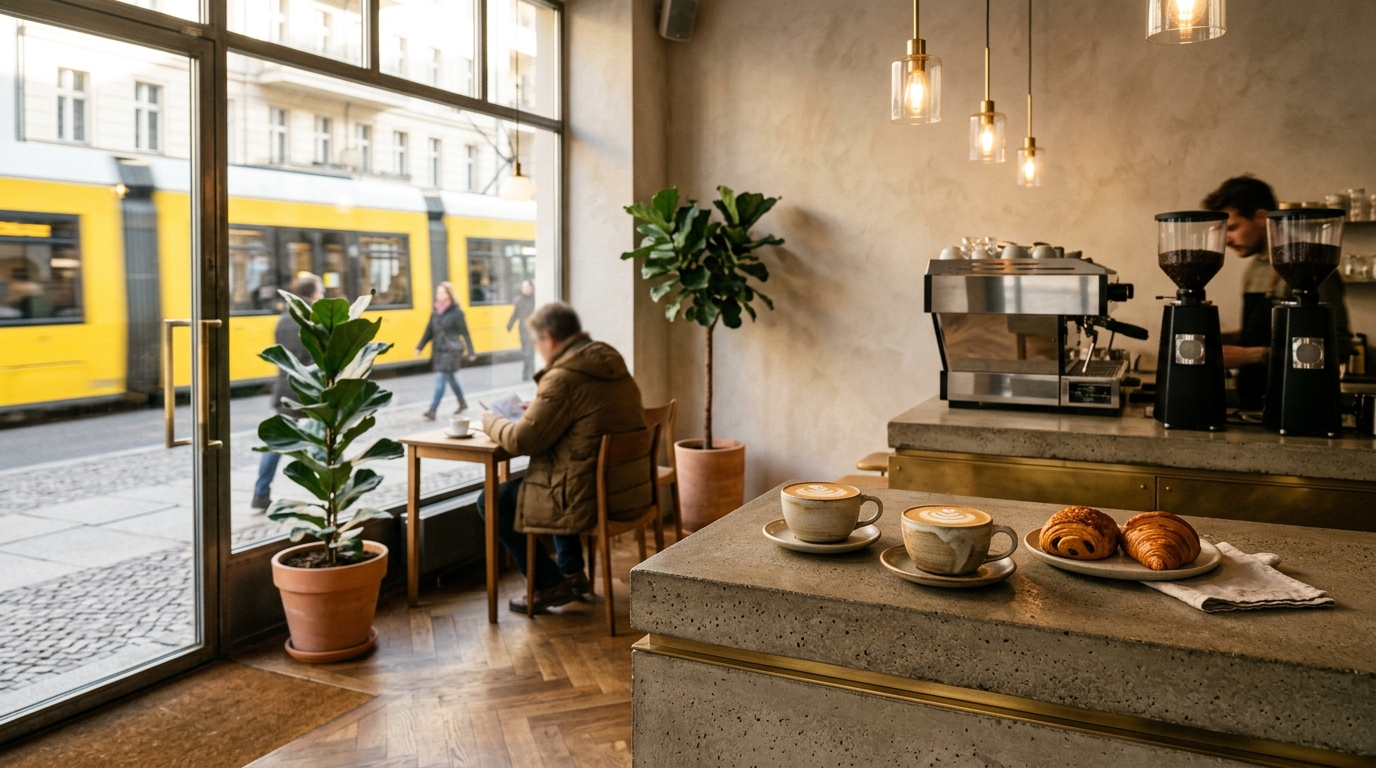 Premium Café-Interieur in Berlin am Morgen: Theke mit Espresso und Gebäck, Blick auf Kopfsteinpflaster und vorbeifahrende gelbe Tram.