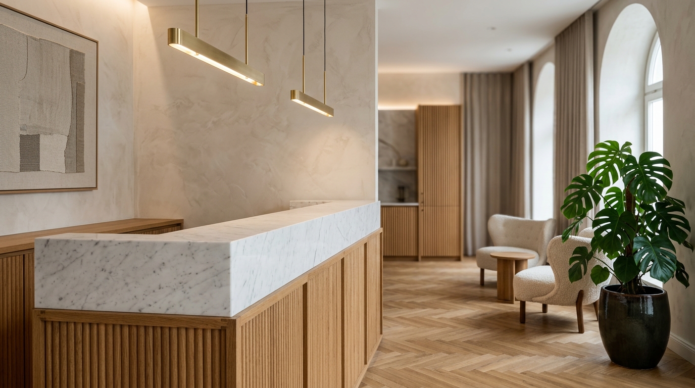 Detailfoto einer hochwertigen Hotellobby in Berlin mit Marmor-Check-in, Messinglampen und Fischgrätparkett, ohne Personen.