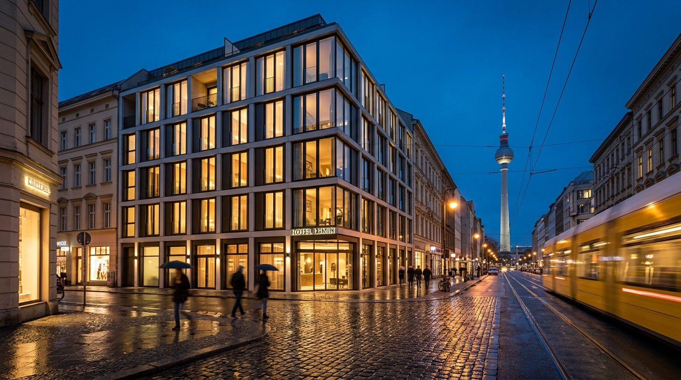 Weitwinkel-Aufnahme eines modernen Boutique-Hotels in Berlin bei Blaustunde mit gelber Tram und Fernsehturm im Hintergrund.