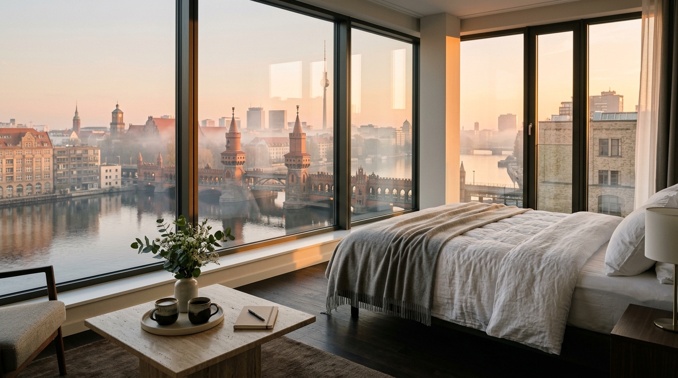 Premium-Aparthotel-Suite in Berlin bei Sonnenaufgang mit Blick auf die Spree und die Oberbaumbrücke, elegantes Interieur.