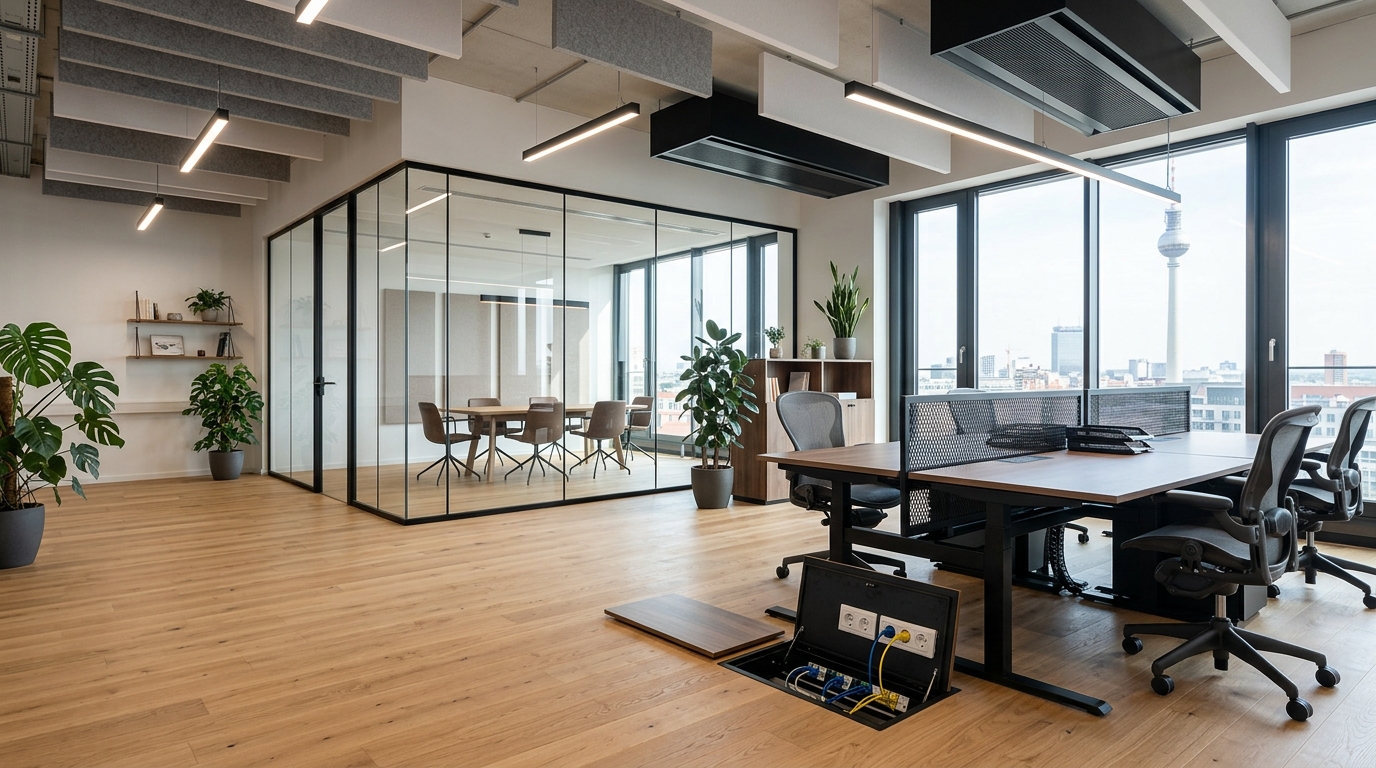 Detailansicht einer modernen Berliner Bürofläche mit Glas-Meetingraum, Akustikdecken, LED-Beleuchtung und offenen Bodendosen für Strom und Daten, Blick auf den Fernsehturm
