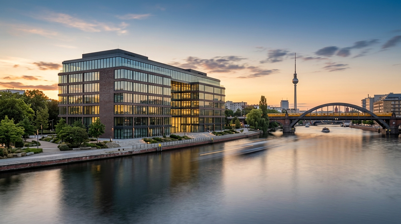 Weitwinkel-Aufnahme eines modernen Bürogebäudes an der Spree in Berlin mit Oberbaumbrücke und Fernsehturm bei goldenem Abendlicht