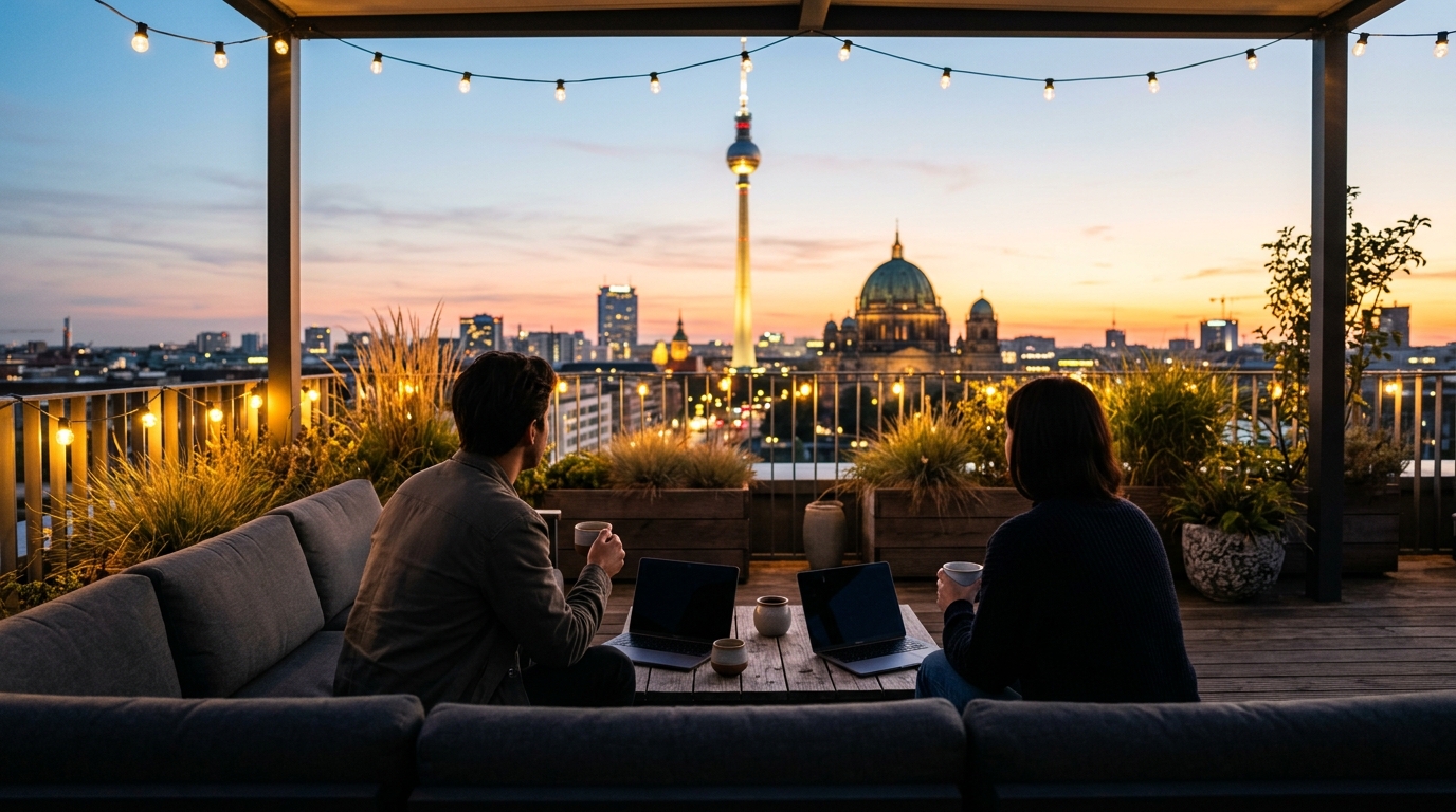 Rooftop-Terrasse eines Berliner Bürogebäudes bei Sonnenuntergang mit Blick auf Fernsehturm und Berliner Dom, Personen nur als Silhouetten