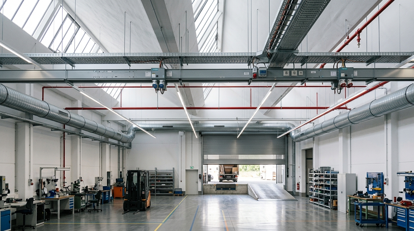 Innenansicht Produktionsfläche Berlin mit Starkstrom-Schienen, Lüftungsleitungen, LED-Beleuchtung und poliertem Industrieboden – Fokus auf Infrastruktur.