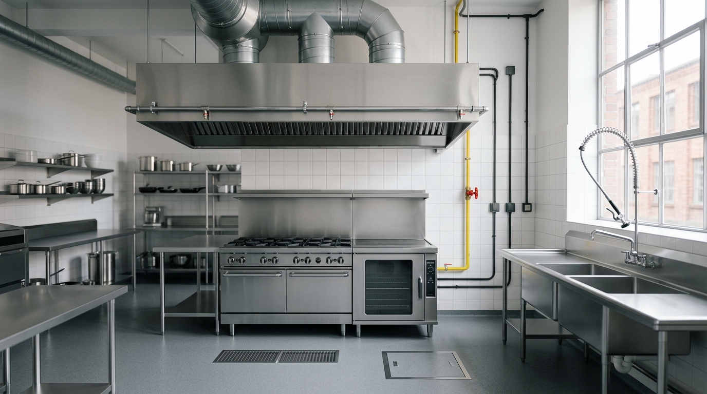 Detailaufnahme einer professionellen Gastro-Küche in Berlin mit Lüftungsanlage, Edelstahlhaube, Gasherd, Spülbecken und Bodenablauf.