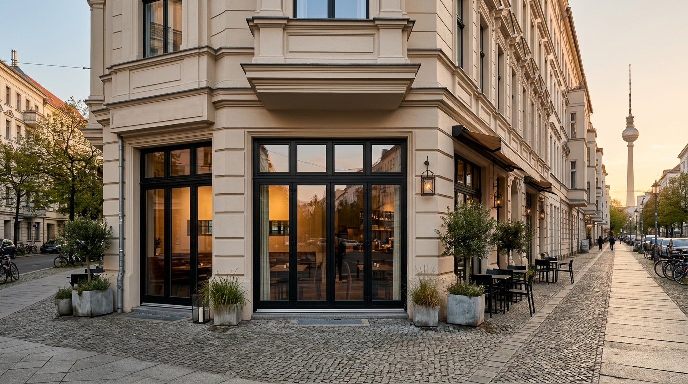 Weitwinkel-Außenaufnahme eines modernen Eckrestaurants in Berlin-Mitte mit Altbau-Fassade und Blick auf den Fernsehturm – hochwertiges Mietobjekt.