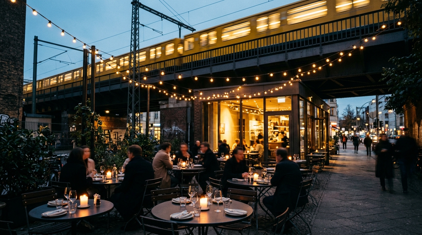 Abendliche Restaurant-Terrasse in Kreuzberg unter der U1, warmes Licht, unscharfe Gäste-Silhouetten – urbanes Berlin-Gastroflair.