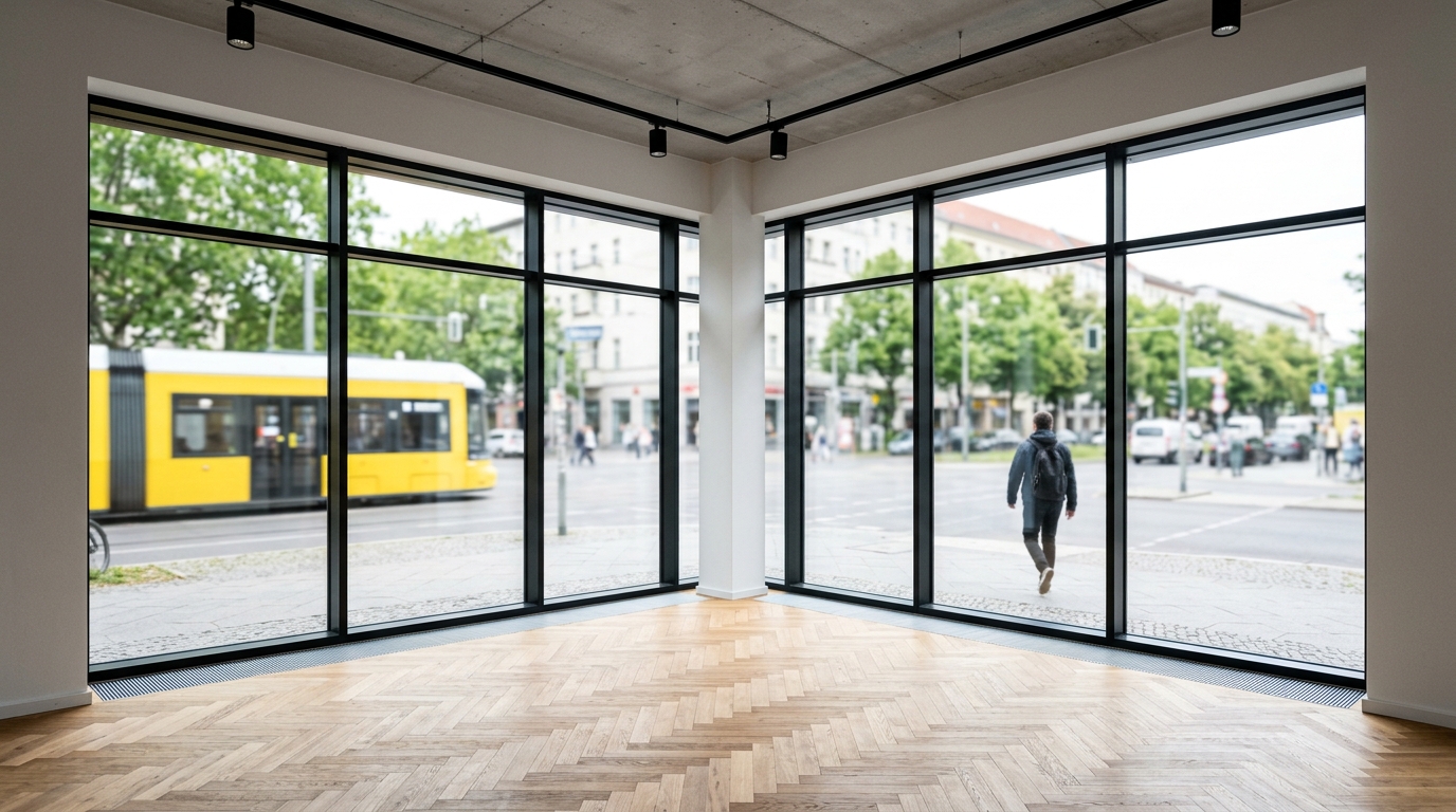 Detail einer Berliner Ladenfläche zur Miete: Ecklage mit bodentiefen Schaufenstern, hohe Sichtbarkeit zur Straße, Tracklights; gelbe Tram unscharf draußen.