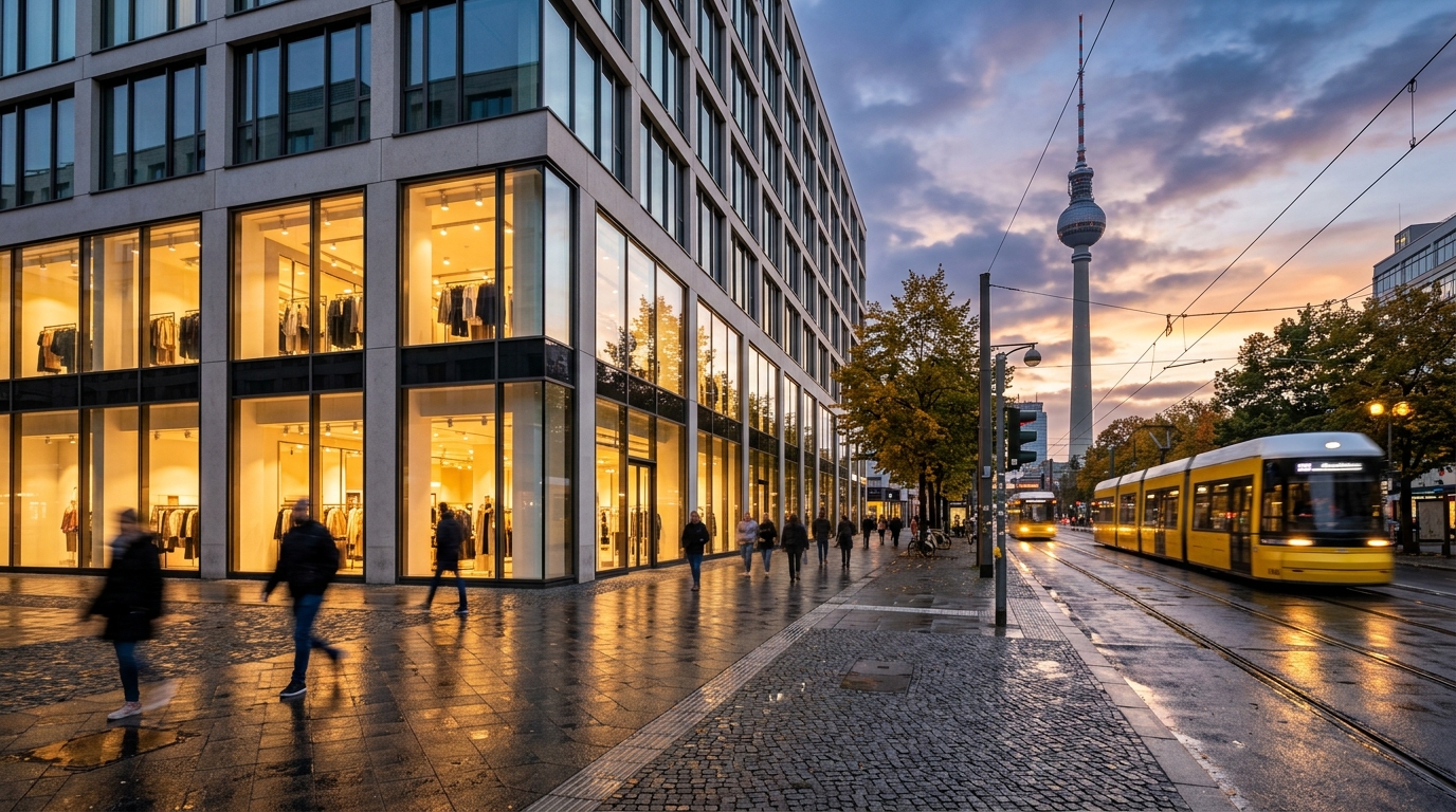 Laden mieten Berlin: Weitwinkel einer 1A-Lage nahe Alexanderplatz mit modernen Schaufenstern, Ecklage, Laufkundschaft und Fernsehturm im Hintergrund.
