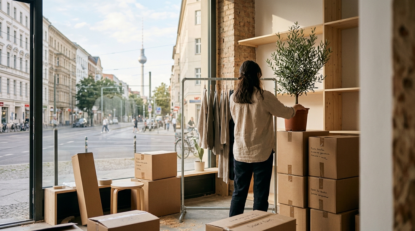 Lifestyle: Gründer richtet neuen Shop in Berliner Kiezlage ein, warmes Licht, Kartons und Warenträger, mit Reflexionen der Stadt und Fernsehturm.