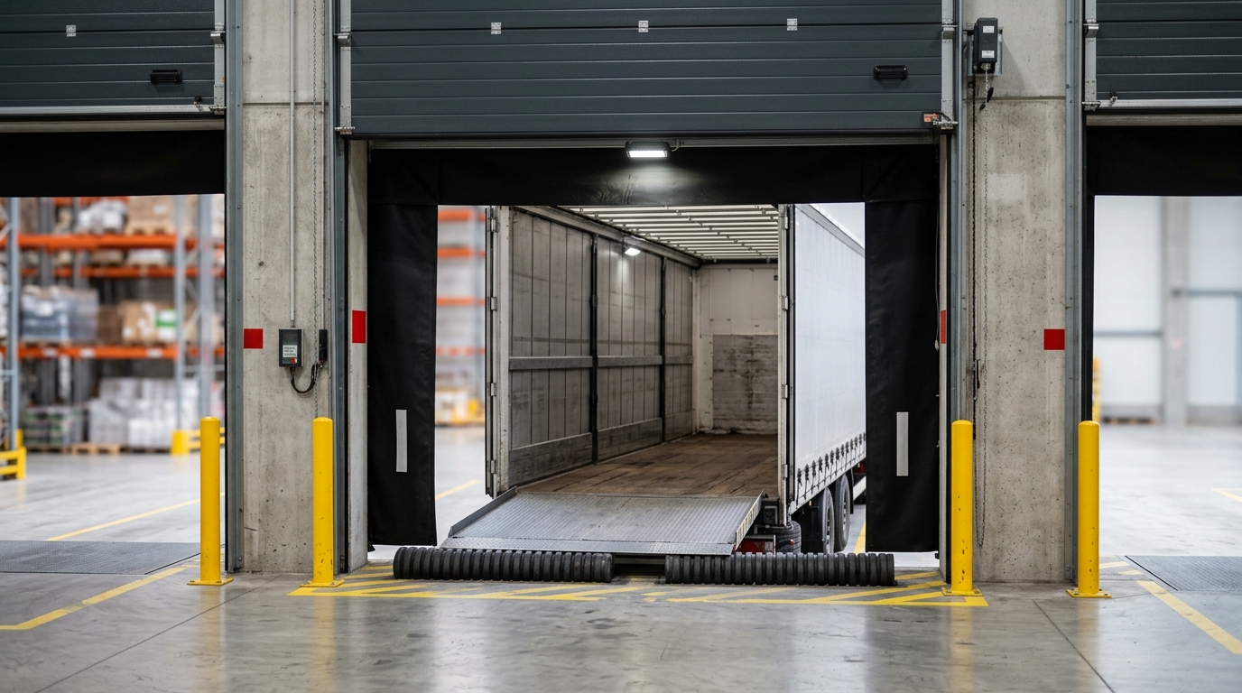 Detail eines Ladedocks in Berliner Lagerhalle mit Sektionaltor, Dock-Shelter und Hubbrücke