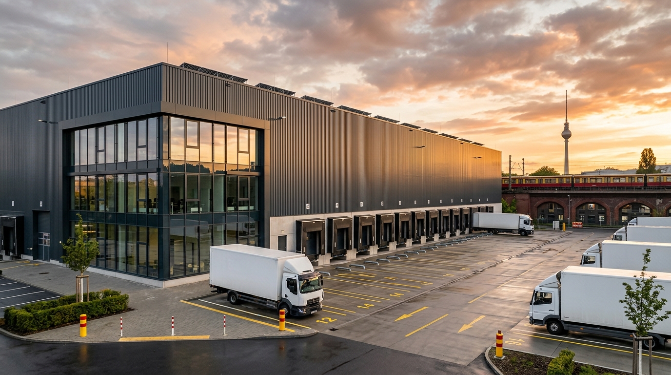 Moderne Logistikhalle in Berlin mit Laderampen, unbeschrifteten Lkw und Fernsehturm im Hintergrund