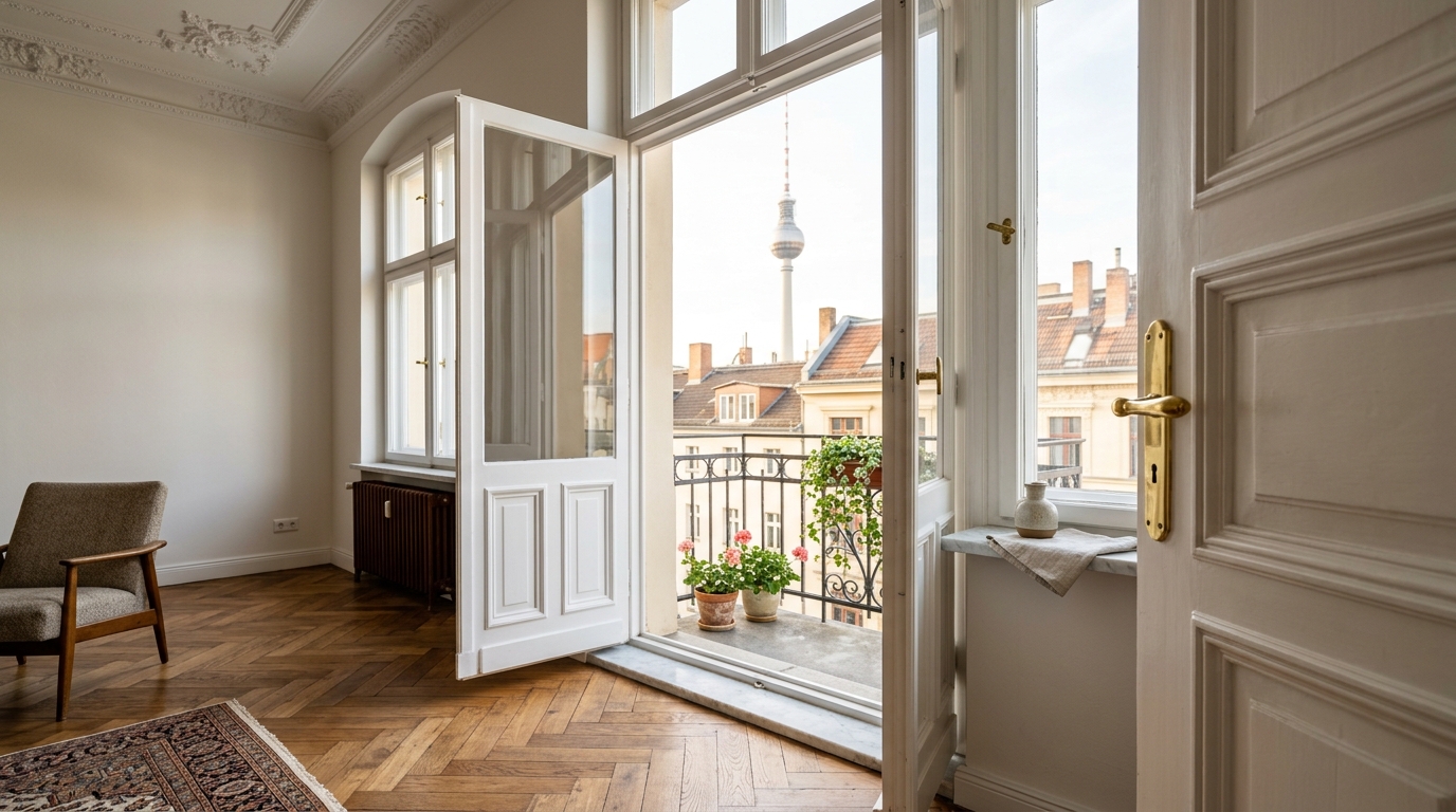 Detailaufnahme eines sanierten Altbau-Wohnzimmers in Berlin-Mitte mit Fischgrätparkett, Stuck und französischen Türen, unscharfer Blick zum Fernsehturm.