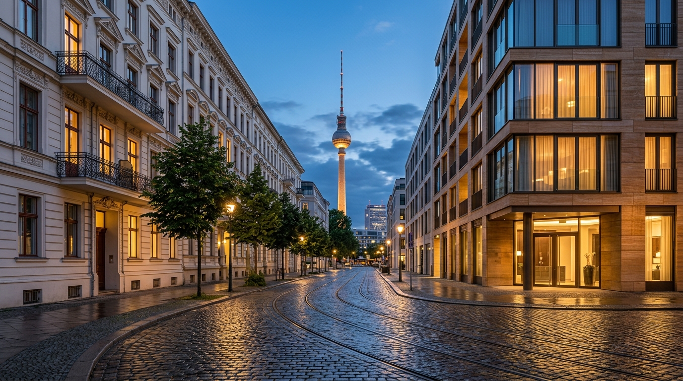 Weitwinkel-Abendaufnahme einer hochwertigen Wohnstraße in Berlin-Mitte mit Altbau und modernem Neubau, Tramgleisen und Fernsehturm im Hintergrund.