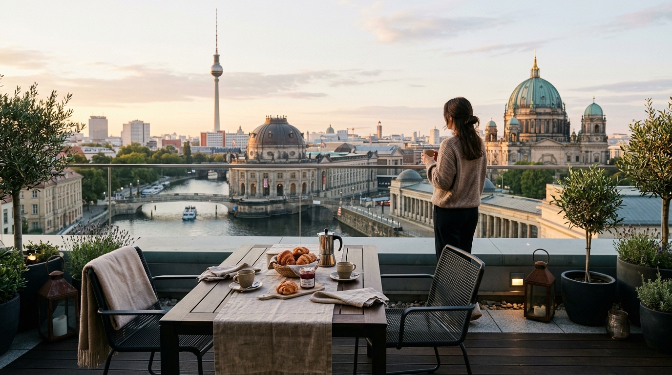 Stimmungsvolle Penthouse-Terrasse in Berlin-Mitte bei Sonnenaufgang mit Blick auf Berliner Dom, Museumsinsel und Fernsehturm; Person von hinten unscharf.