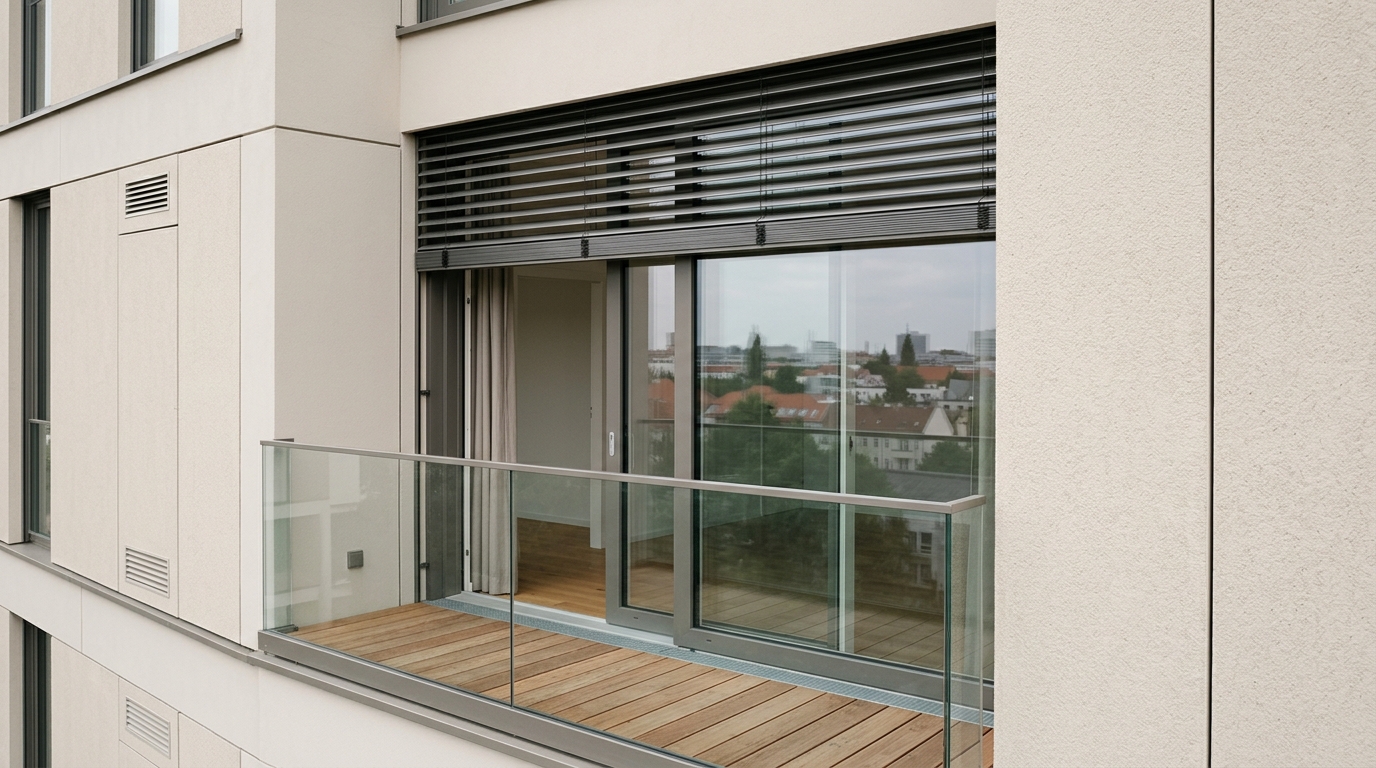 Fassadendetail einer Berliner Neubauwohnung mit Dreifachverglasung, Aluminium-Raffstores, Glasbrüstung und Holzdeck.