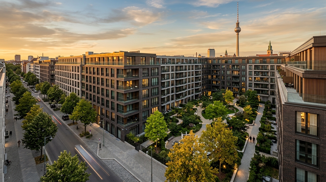 Weitwinkelaufnahme eines modernen Neubauwohnquartiers in Berlin mit Fernsehturm im Hintergrund bei goldenem Abendlicht.