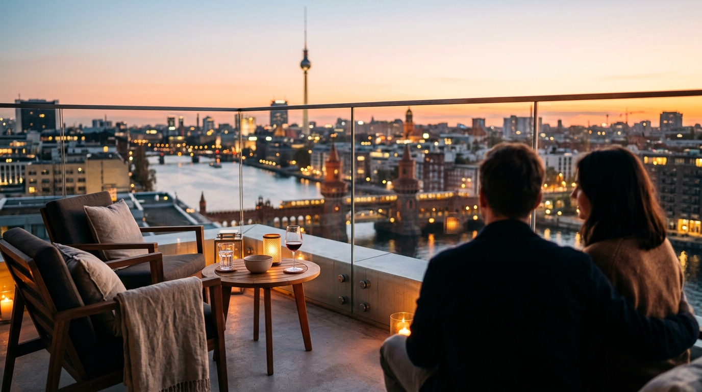 Stimmungsvolle Balkonaufnahme einer Neubauwohnung in Berlin mit Blick auf Fernsehturm und Oberbaumbrücke; Personen nur als Silhouetten.