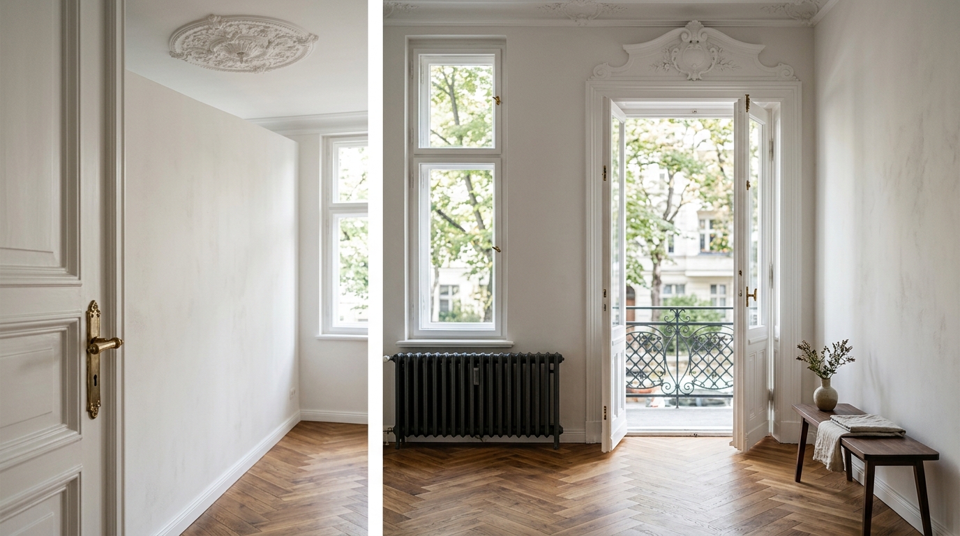 Altbau-Detail in Prenzlauer Berg: Stuckdecke, Doppelflügeltüren und Fischgrätparkett