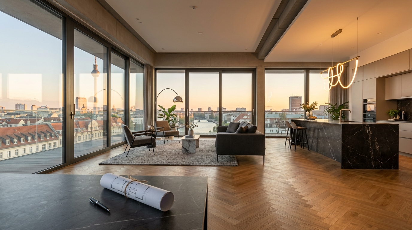 Weitwinkelaufnahme eines Berliner Penthouse-Wohnzimmers mit Blick auf den Fernsehturm – hochwertiges Setting für Rendite Immobilie berechnen.