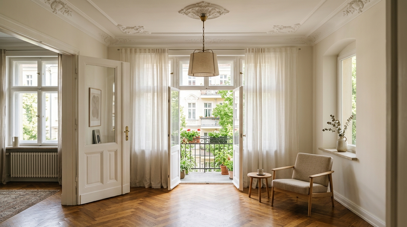 Helle Altbauwohnung in Schöneberg mit Stuckdecke, Fischgrätparkett und Balkonblick ins Grüne.