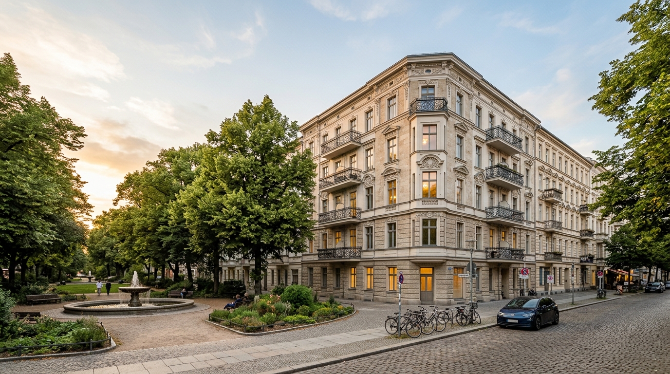 Weitwinkel-Aufnahme eines Altbau-Quartiers am Viktoria-Luise-Platz in Berlin-Schöneberg bei goldenem Licht.
