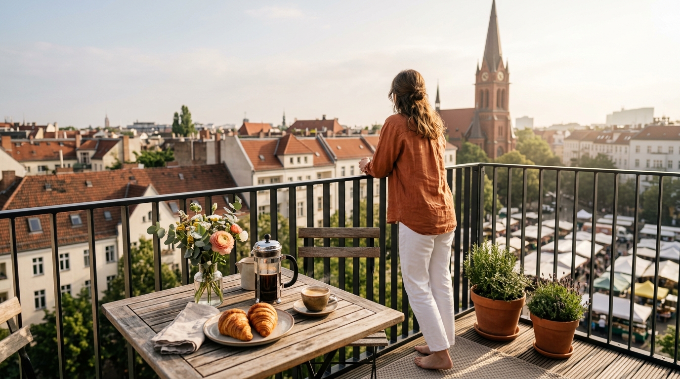 Stimmungsvolles Frühstück auf einem Balkon im Akazienkiez mit Blick auf Dächer und die Turmspitze der St.-Matthias-Kirche, Person von hinten.