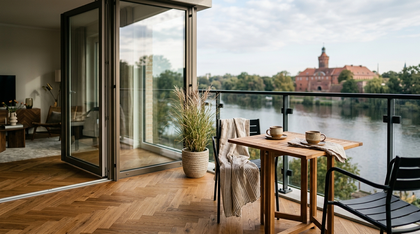 Detail eines hochwertigen Balkons einer Eigentumswohnung in Spandau mit Glasgeländer, Eichenboden und Blick über die Havel zur Zitadelle.