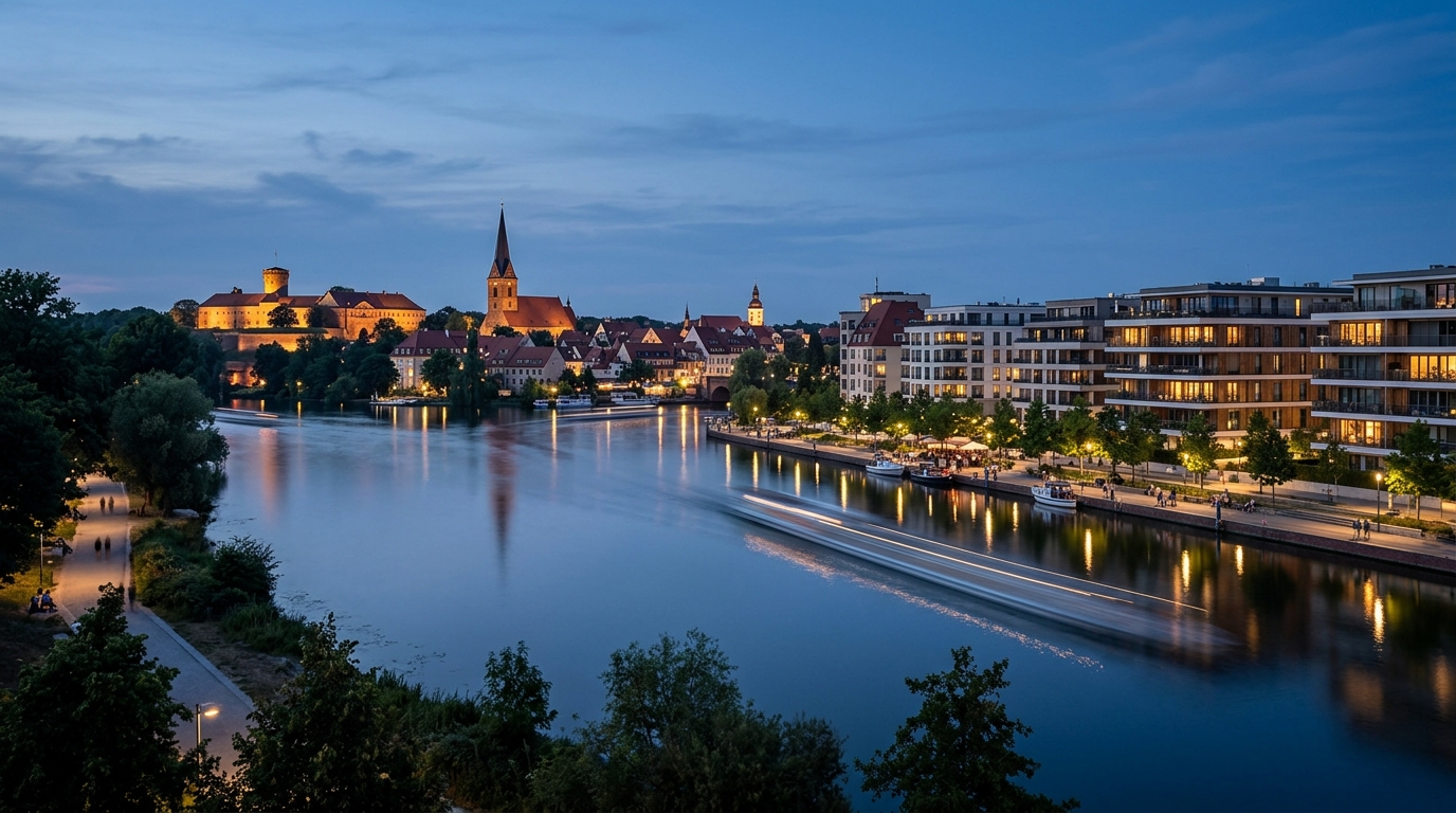 Weitwinkelaufnahme des Havelufers in Berlin-Spandau mit Altstadt, Zitadelle und modernen Eigentumswohnungen bei blauer Stunde.