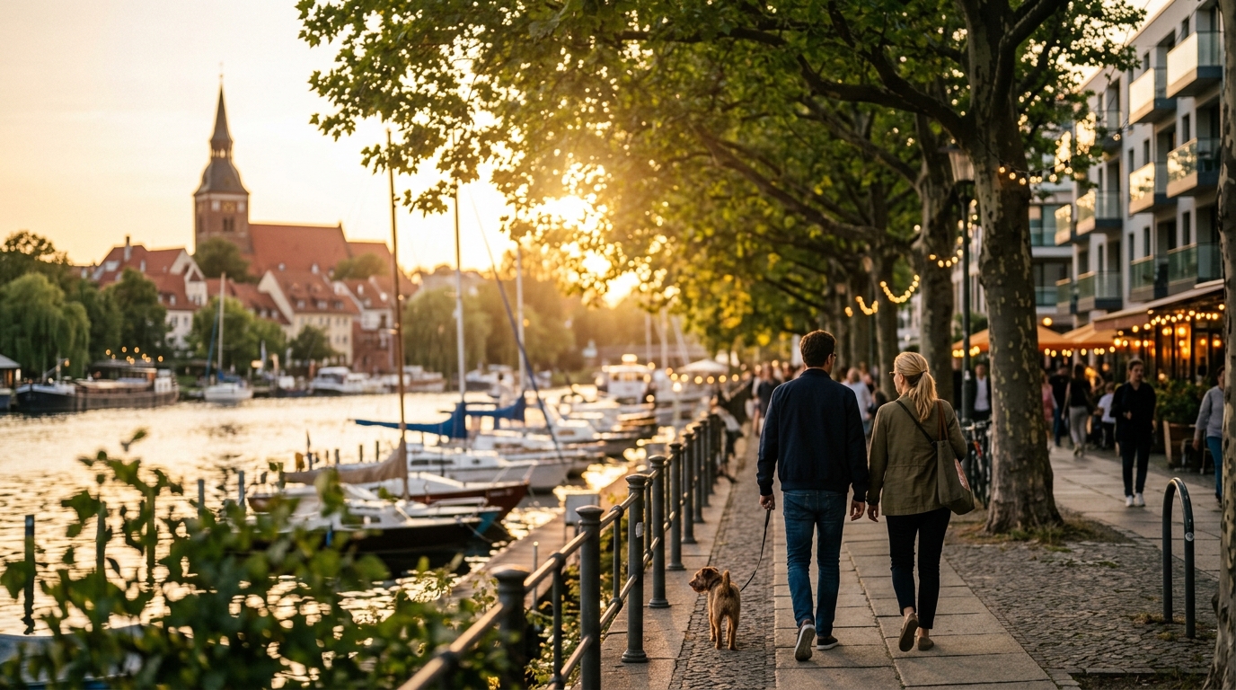 Paar von hinten beim Abendspaziergang am Lindenufer in Spandau; Havel, Altstadt und neue Uferwohnungen im warmen Licht – Lebensqualität beim Wohnungskauf.