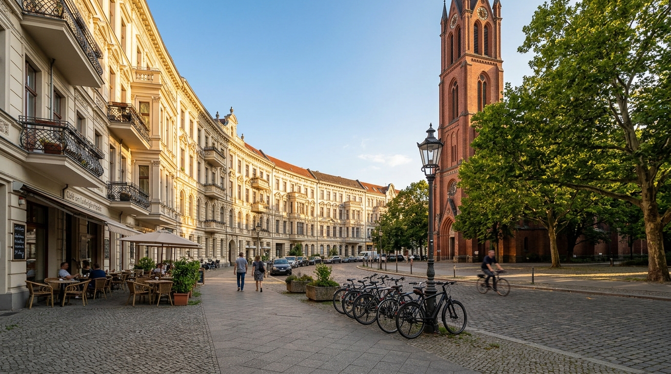 Weitwinkel von Altbau-Fassaden am Ludwigkirchplatz in Berlin‑Wilmersdorf bei goldenem Licht – Wohnung kaufen Wilmersdorf.