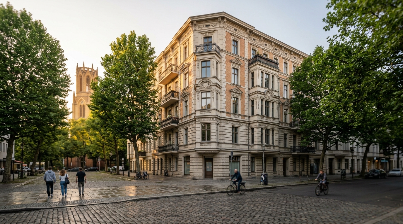 Weitwinkel-Ansicht eines repräsentativen Altbau-Eckhauses am Ludwigkirchplatz in Berlin-Wilmersdorf bei goldenem Licht, mit dem Turm der St.-Ludwig-Kirche im Hintergrund.
