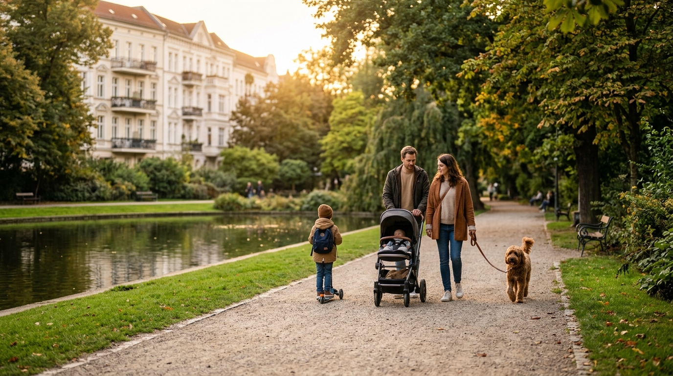Abendstimmung im Volkspark Wilmersdorf: Menschen von hinten auf dem Parkweg mit Teich und Altbaukulisse, warme und ruhige Atmosphäre.