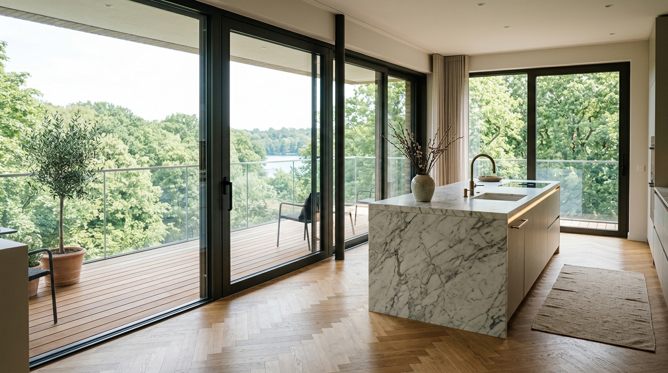 Detailaufnahme eines hochwertigen Wohn-Essbereichs mit Fischgrätparkett und Marmorküche in Zehlendorf, Blick ins Grüne.