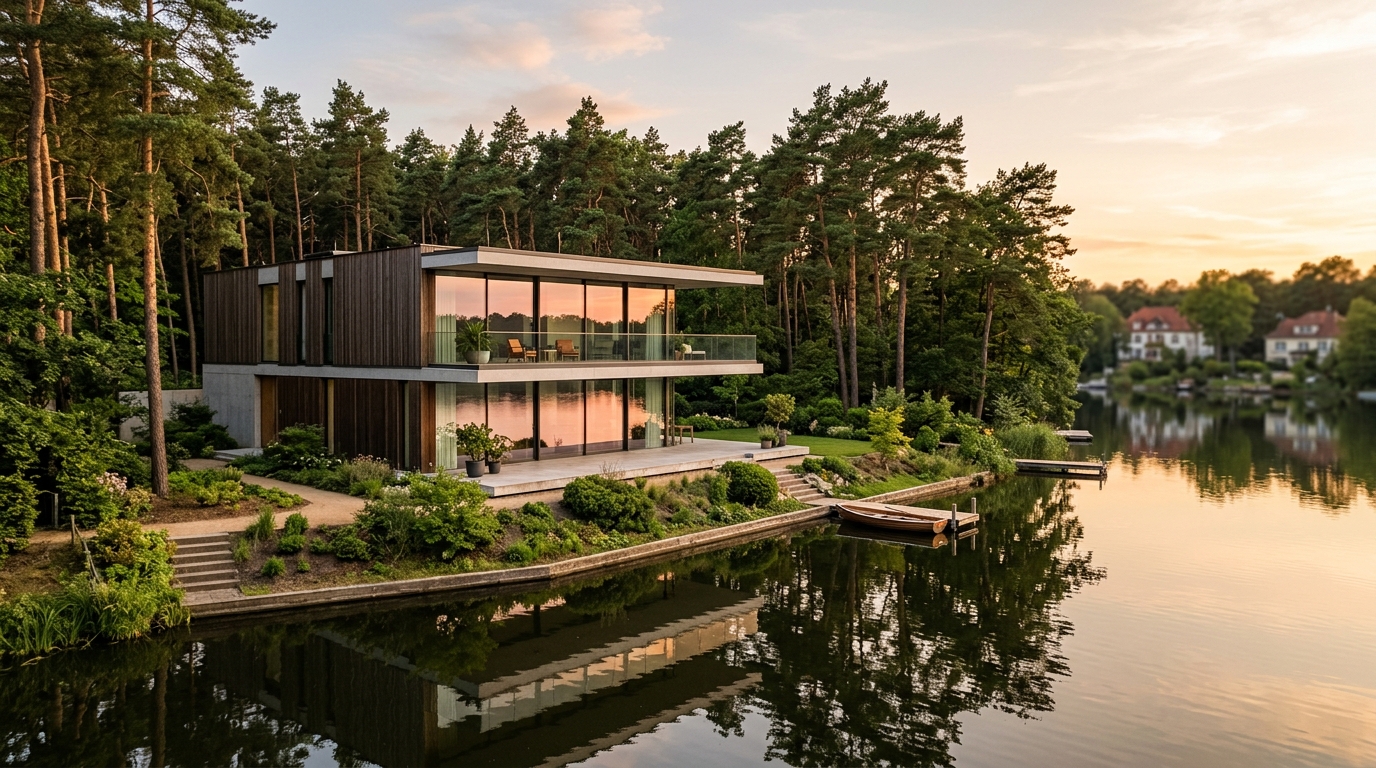 Weitwinkel eines modernen Apartmenthauses am Schlachtensee in Berlin-Zehlendorf bei goldenem Licht.
