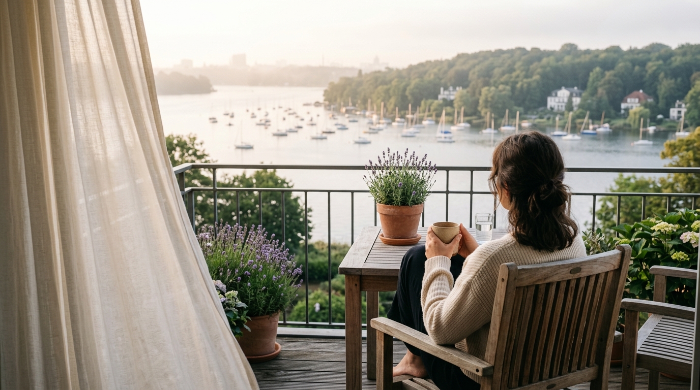Balkon mit Blick auf den Wannsee in Zehlendorf, Person von hinten mit Kaffeetasse, morgendliche Stimmung.