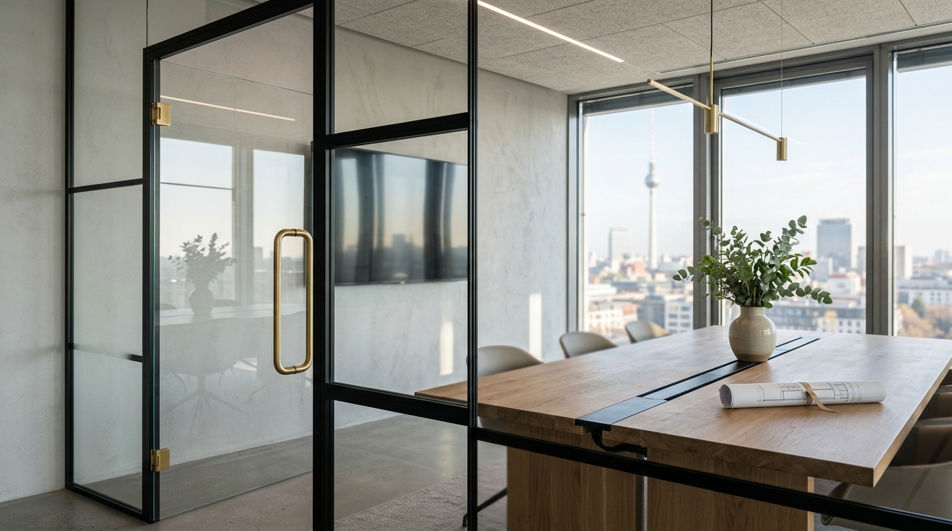Detailaufnahme eines hochwertigen Besprechungsraums mit Glaswänden, Eichentisch und Blick auf den Berliner Fernsehturm.