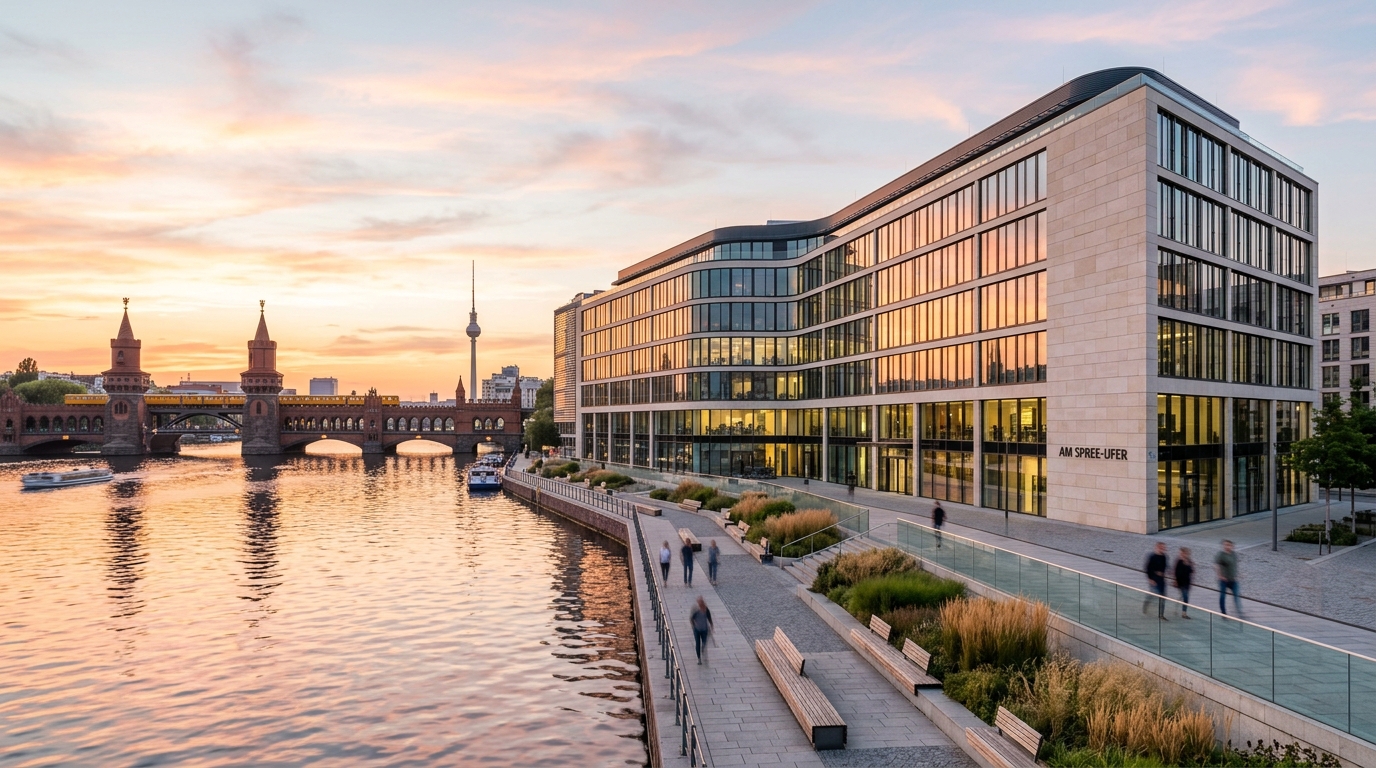 Weitwinkel-Aufnahme eines modernen Bürogebäudes an der Spree in Berlin mit Oberbaumbrücke und Fernsehturm bei Sonnenuntergang.