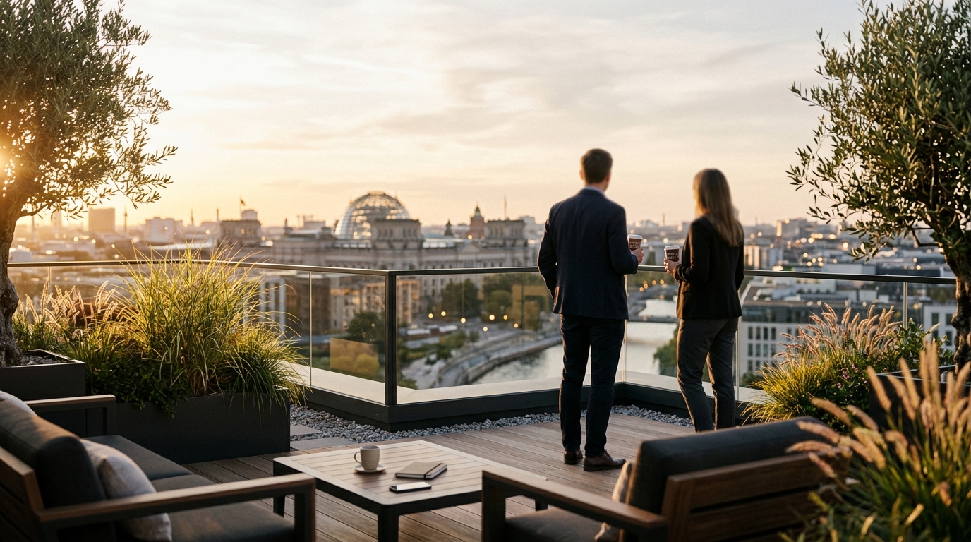 Rooftop-Terrasse eines modernen Berliner Bürogebäudes bei Golden Hour mit Blick auf die Reichstagskuppel; zwei Personen von hinten am Geländer.