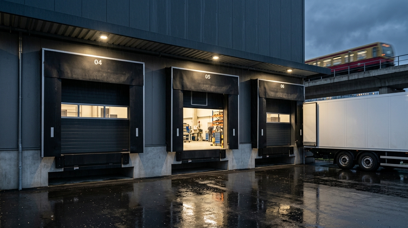 Detailaufnahme von Laderampen und Logistikbereich einer Industrieimmobilie in Berlin bei Nässe, Dock Leveller und LED-Beleuchtung.