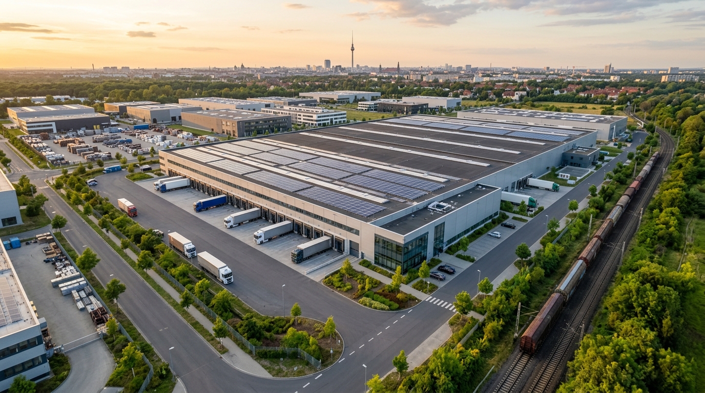 Luftaufnahme einer modernen Produktionshalle in Berlin mit Solardach und Laderampen, Skyline mit Fernsehturm im Hintergrund.