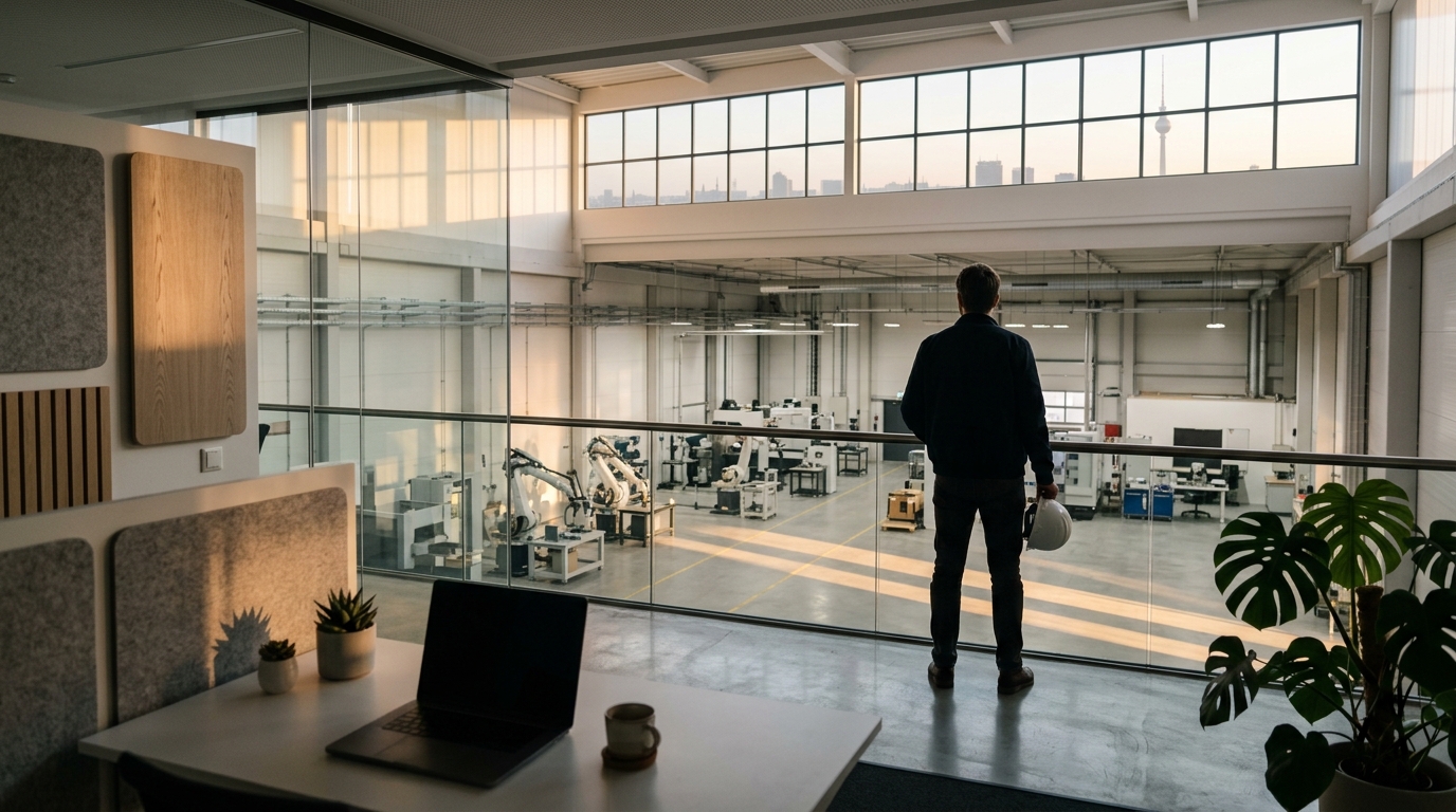 Mezzaninbüro mit Blick in eine Produktionshalle in Berlin, Unternehmer als Silhouette, Morgenlicht und Fernsehturm in der Ferne.