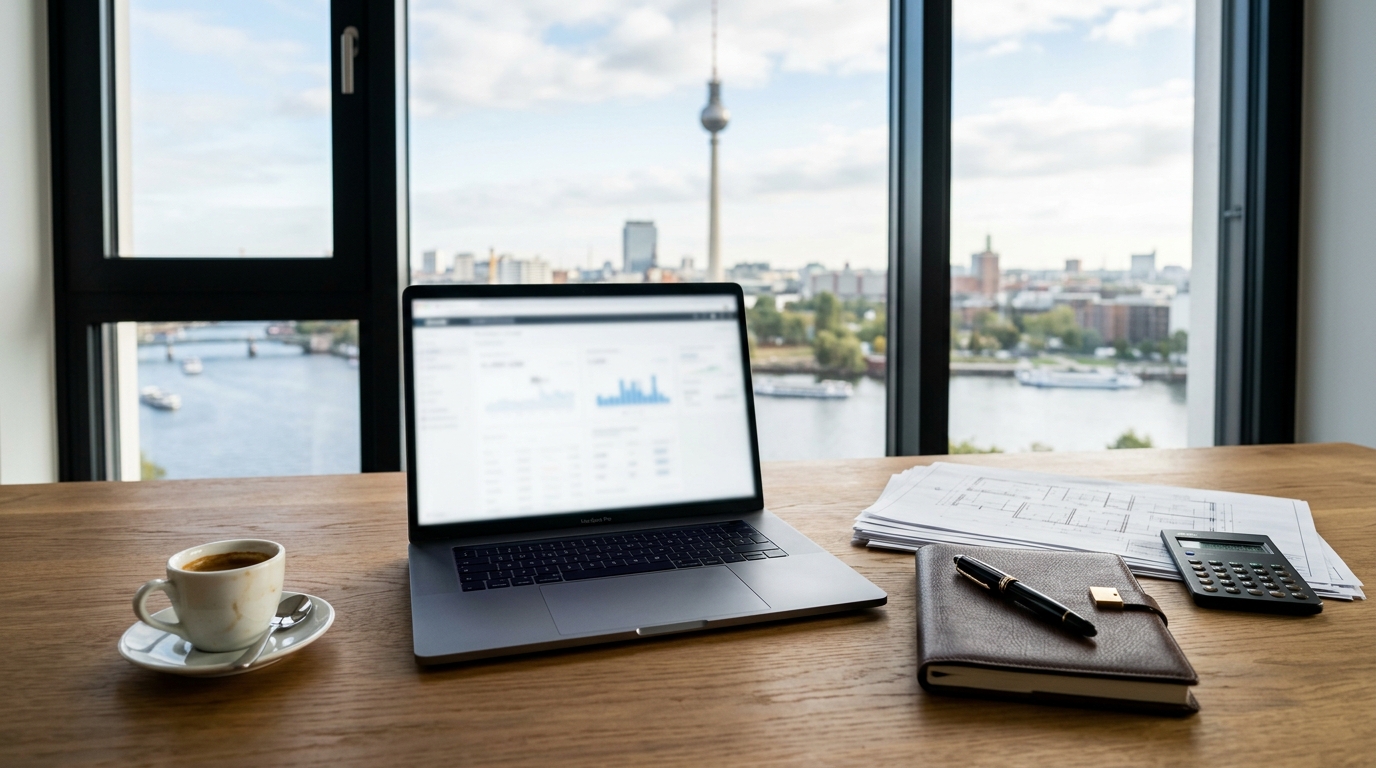 Detailaufnahme eines Schreibtischs zur Renditeberechnung mit Taschenrechner, Bauplänen und Laptop, im Hintergrund unscharfer Blick auf die Berliner Skyline mit Fernsehturm.