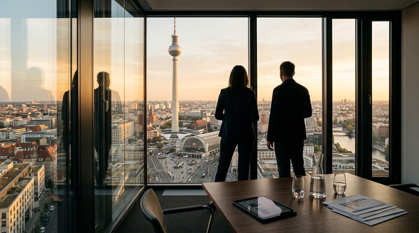 Silhouetten zweier Personen in einem modernen Konferenzraum mit Panoramablick auf den Berliner Fernsehturm bei Abendlicht – hochwertige, inspirierende Szene für Gewerbeinvestoren.