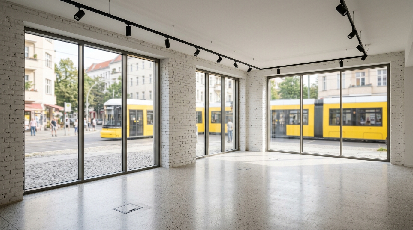 Innenaufnahme eines leeren Premium-Ladengeschäfts in Prenzlauer Berg mit hoher Decke, Terrazzo-Boden, weißen Ziegelwänden und bodentiefen Eckfenstern; gelbe Tram draußen unscharf.