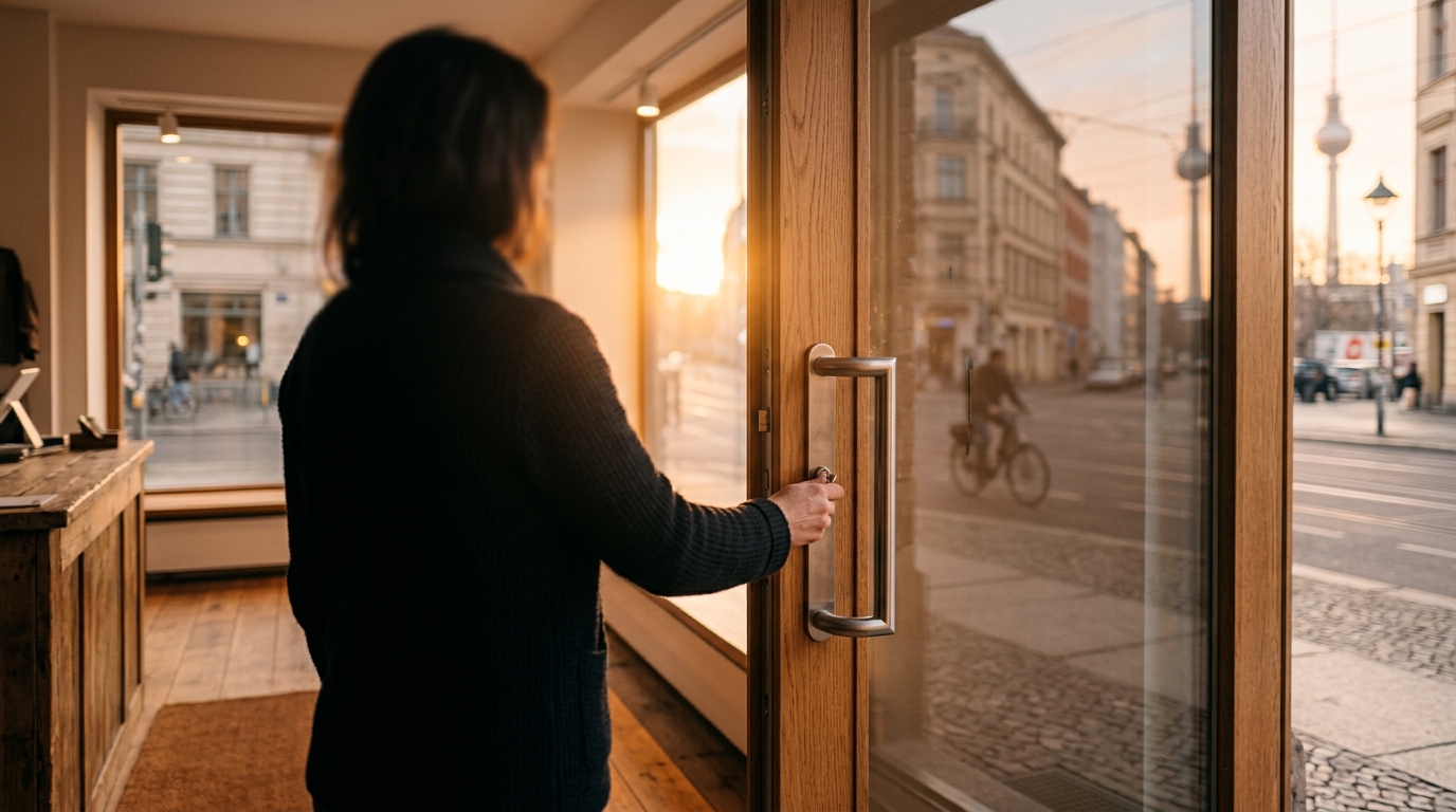 Stimmungsbild: Hand dreht morgens den Schlüssel in der Glastür eines neuen Ladens in Berlin, warmes Gegenlicht, Spiegelung der Stadt mit angedeutetem Fernsehturm; keine Gesichter erkennbar.