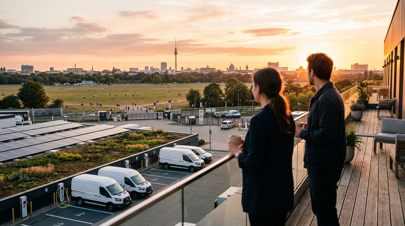 Rooftop einer Logistikimmobilie in Berlin mit Blick auf Tempelhofer Feld und Fernsehturm, zwei Personen von hinten, E‑Vans laden.