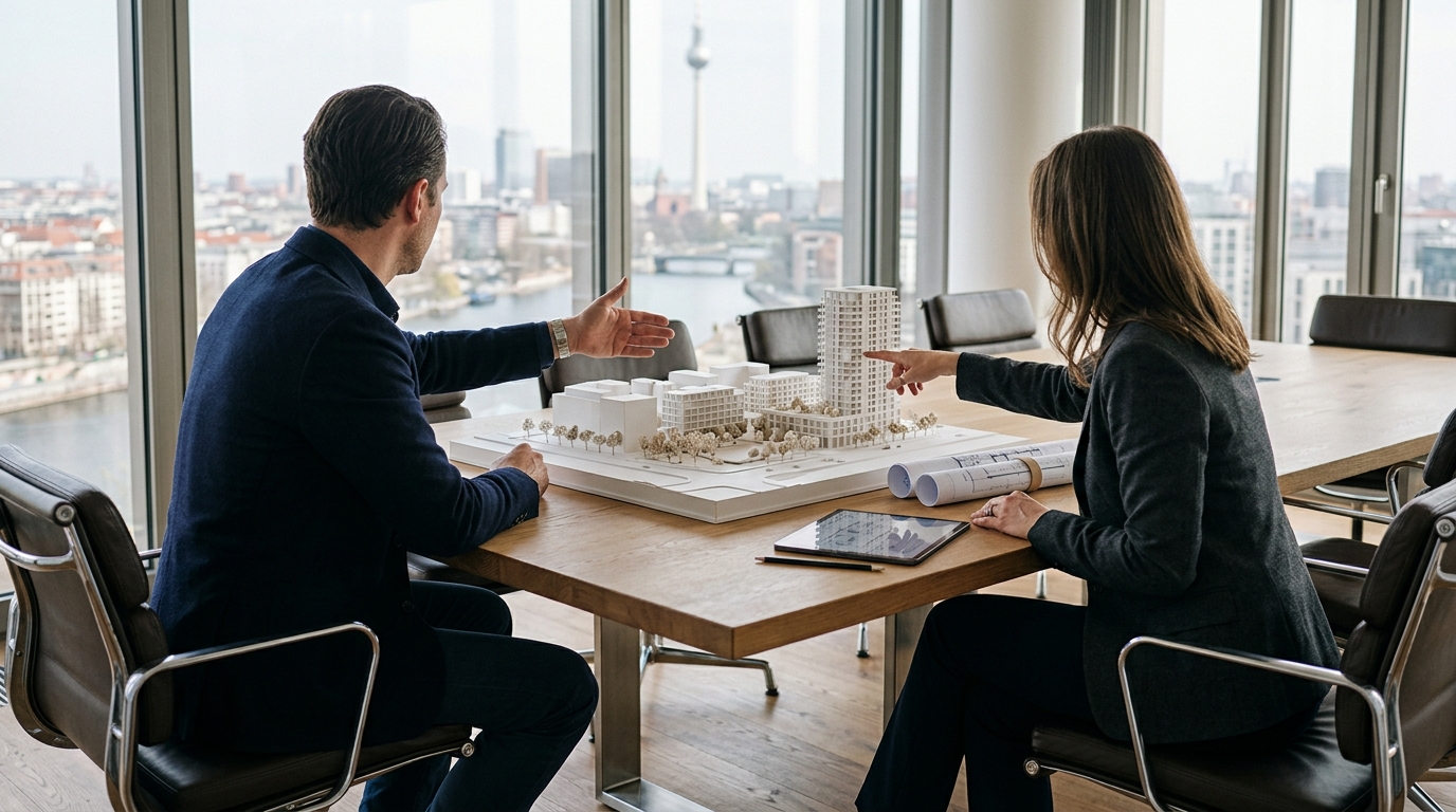 Mediumshot: Due-Diligence-Besprechung in Berliner Büro, Architekturmodell und Pläne auf dem Tisch, Skyline mit Fernsehturm im Fenster.