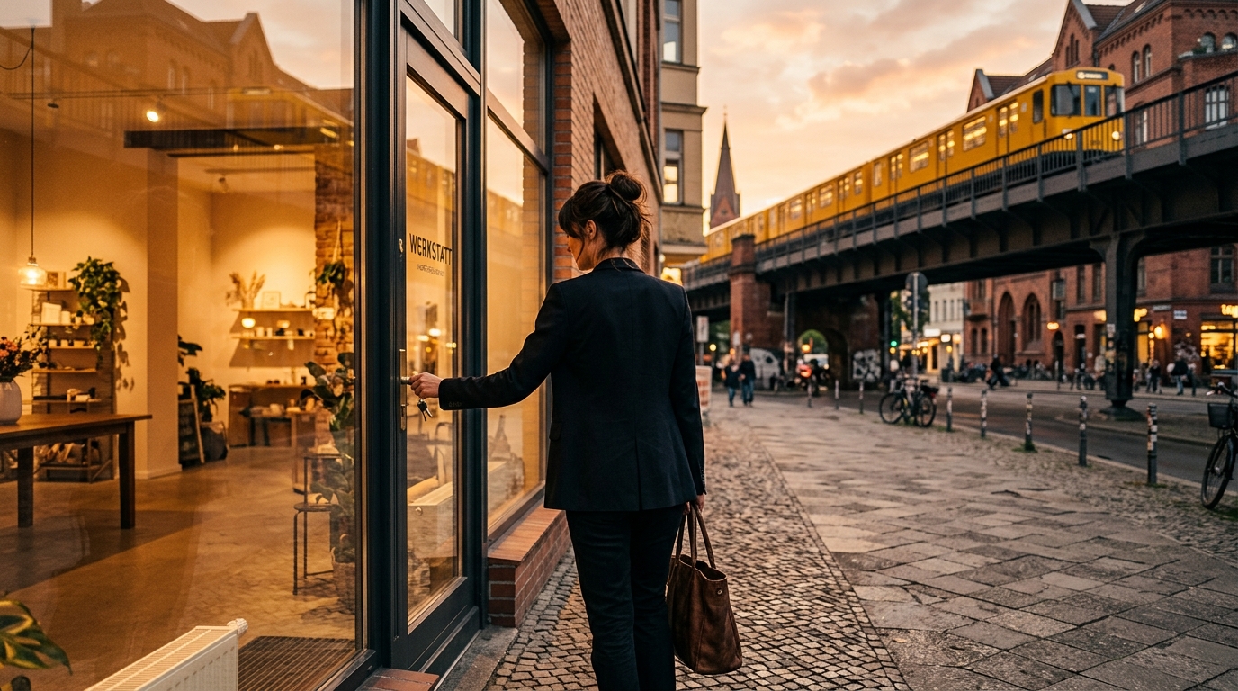 Aspiratives Motiv: Unternehmer öffnet von hinten ein frisch saniertes Berliner Ladenlokal bei Golden Hour; gelbe U-Bahn auf Hochbahn im Hintergrund.