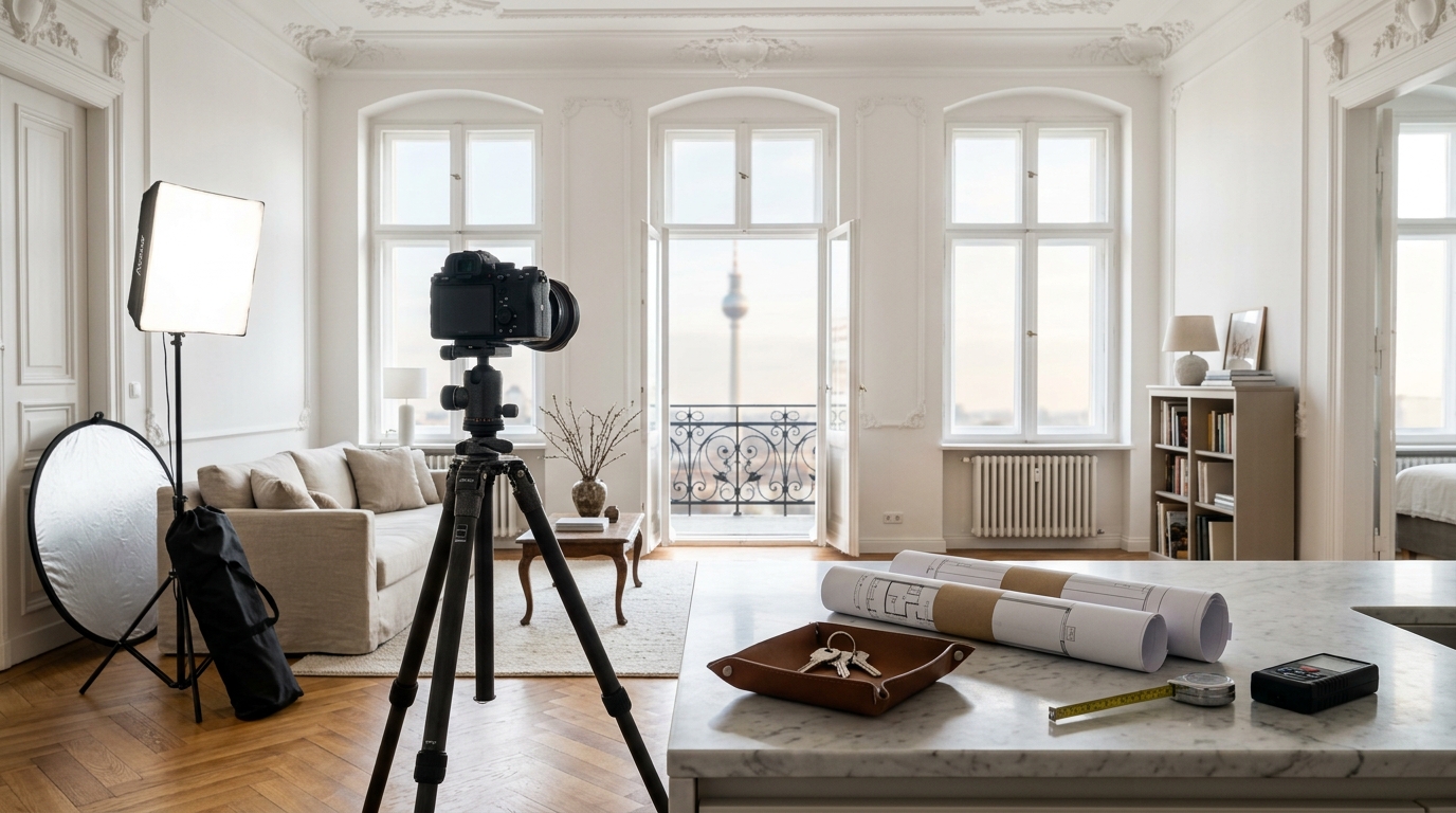 Professionelles Fotosetup und Verkaufs-Vorbereitung in Berliner Altbauwohnung: Kamera auf Stativ, Schlüssel und gerollte Grundrisse auf Kücheninsel.